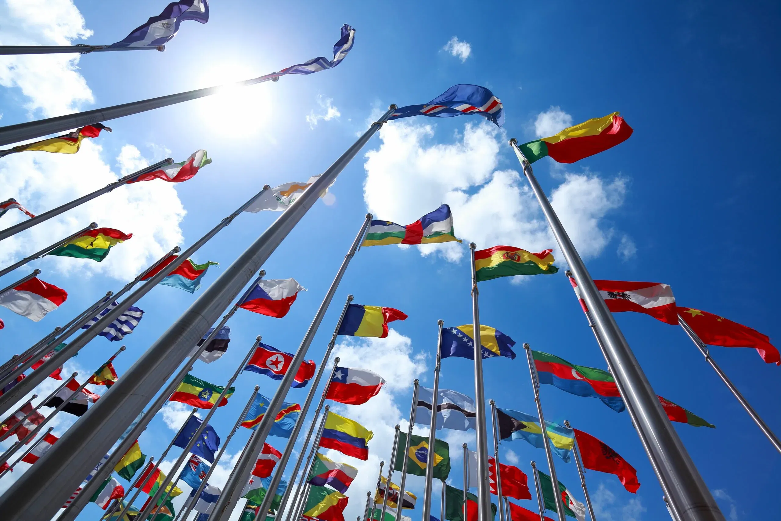 Diverse internationale vlaggen die wapperen tegen een blauwe lucht, symbool voor de sterke grensoverschrijdende handelsrelaties waarbij een vertaler Duits de taalbarrière overbrugt.